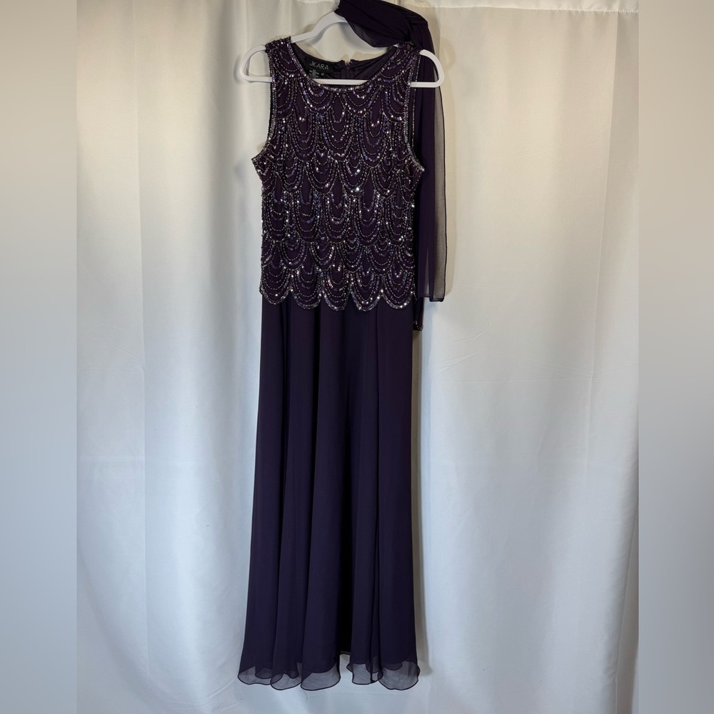 JKARA Purple With Silver Beaded Sleeveless Jewel Neck Maxi Evening Gown 12
